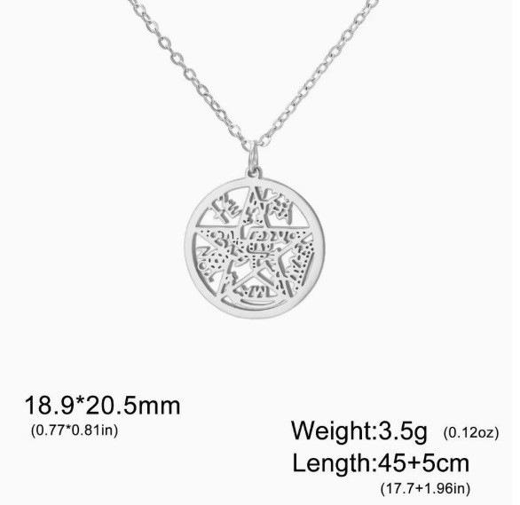 Collier pendentif double face en acier inoxydable Saint Benoît et Nœud de Sorcière