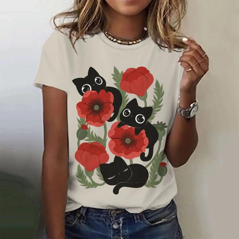 Women's T-Shirt Summer Short Sleeve Casual The Beautiful Flowers Print Top Funny Pattern Pullover Shirts