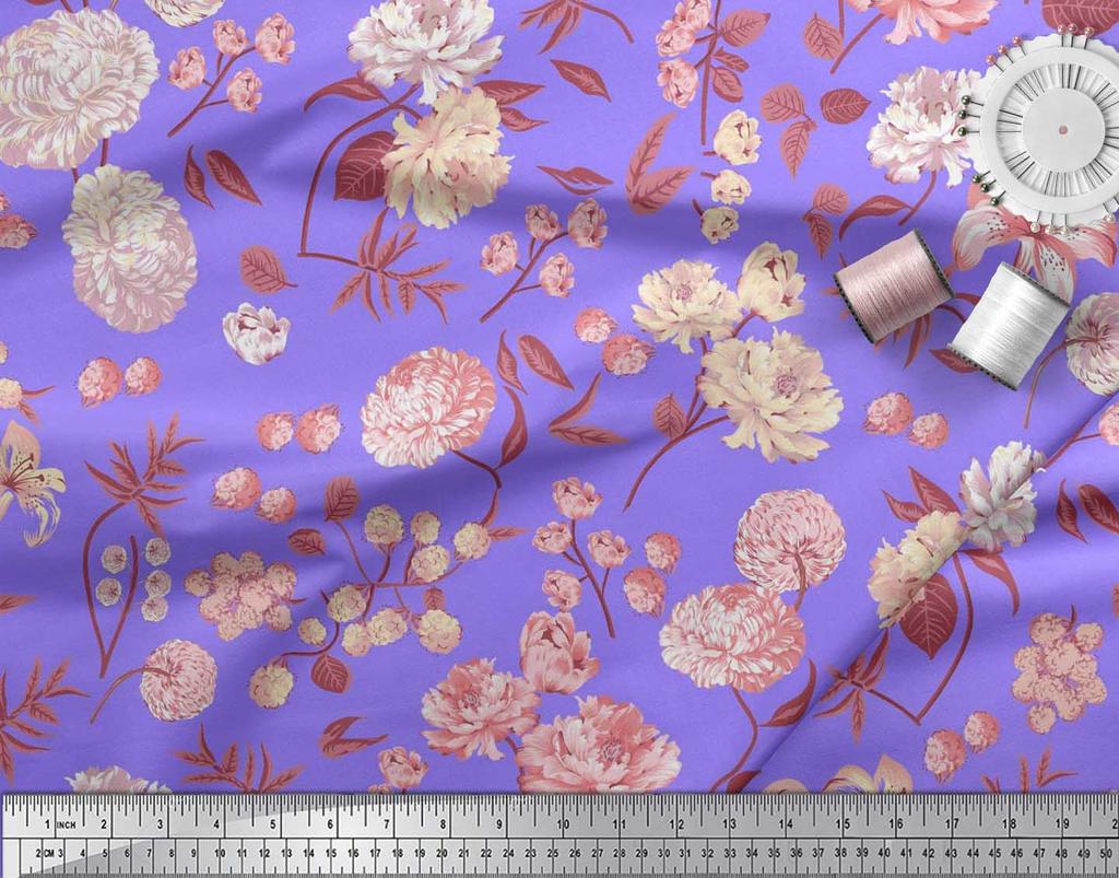 Soimoi Japan Crepe Satin Fabric Leaves,Peony & Dahlia Flower Printed Fabric 1 Metre 42 Inch