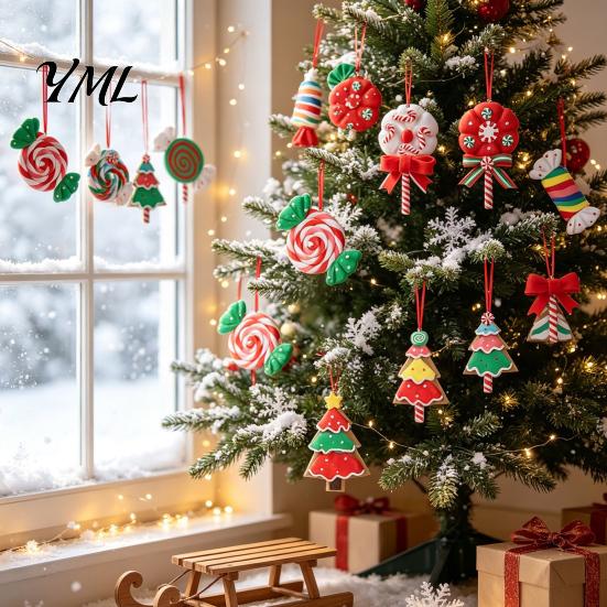 Wooden Hanging Decorations 16 Pcs Christmas Lollipop Ornaments, Red Green Striped Peppermint Swirl Candy Cane Festive Home Decor Decoration, Colorful