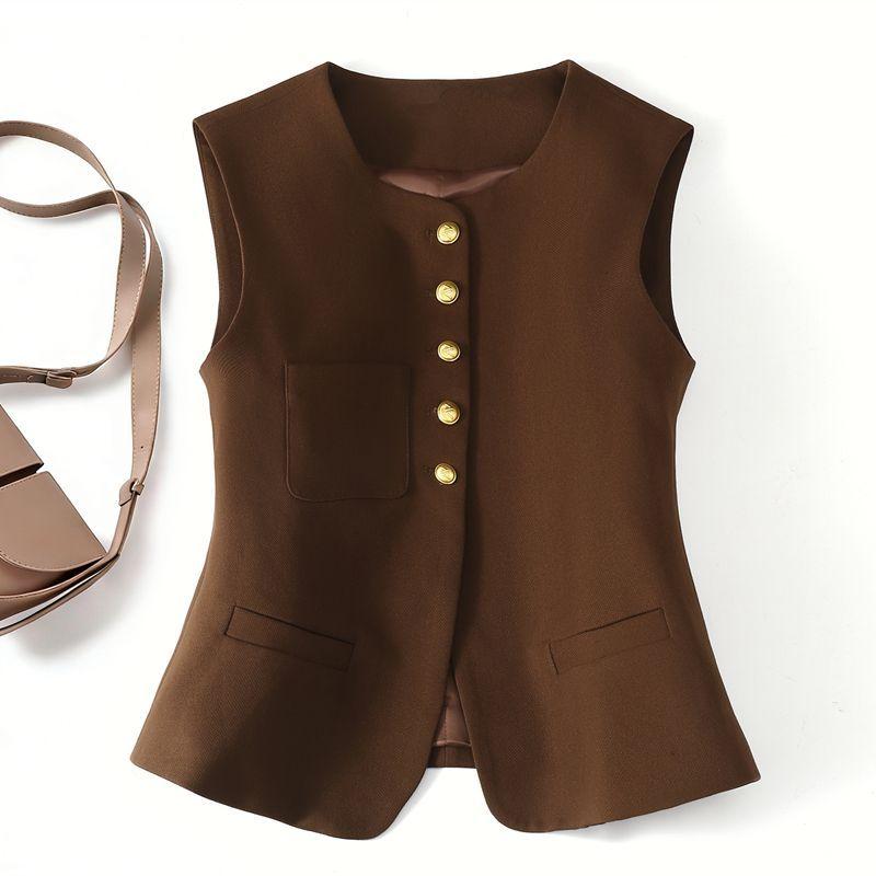 Весенний женский офисный жилет Элегантный с круглым вырезом Короткий Однобортный Для многослойности Винтажный жилет-блейзер M кофейный