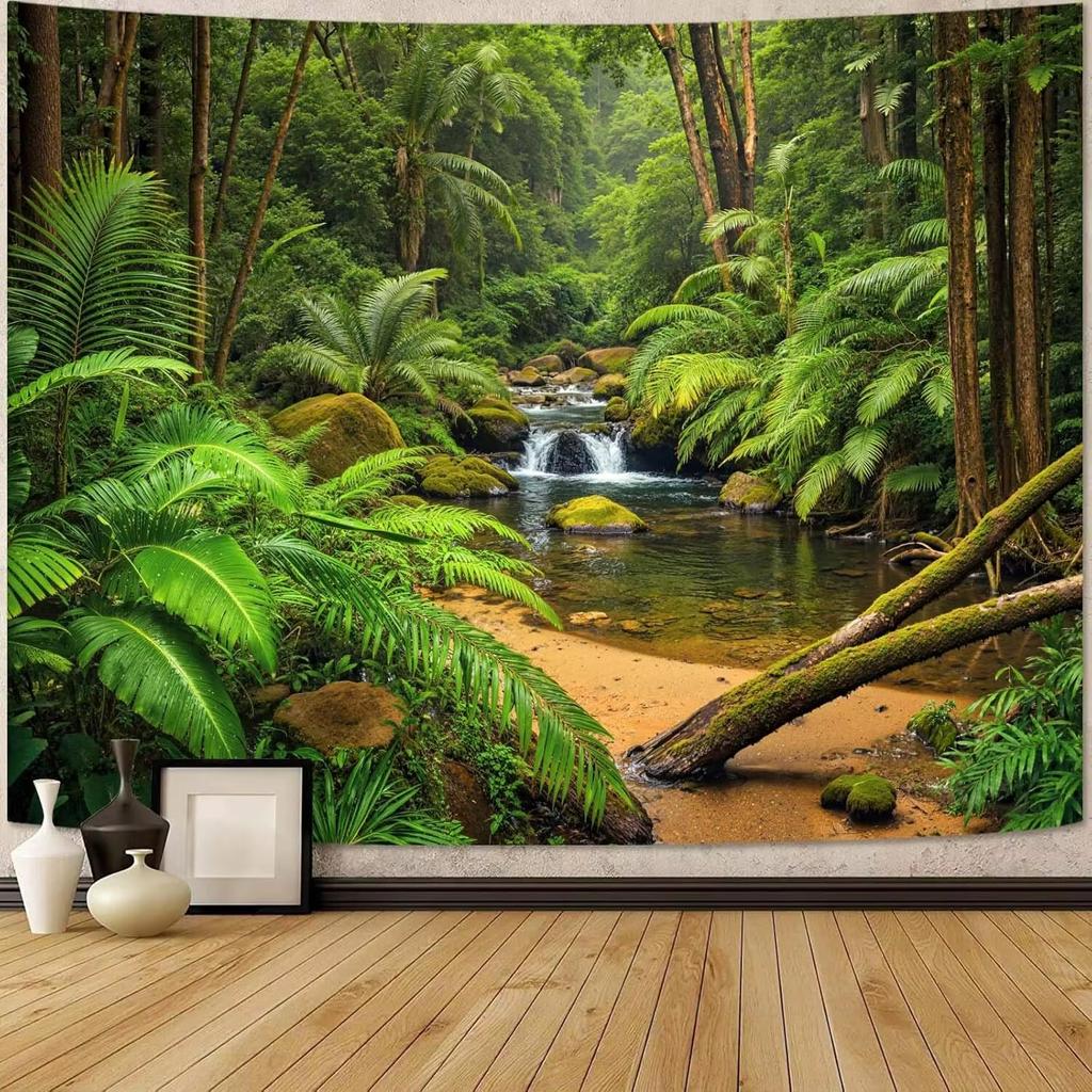 Zussun Natural Forest Tapestry Green Tree Wall Tapestry Bedroom Aesthetic Plant Stream Pool Landscape Small Tapestry Wall Hangin
