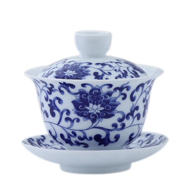 Dehua Blue and White Porcelain Ceramic Gaiwan Household Kung Fu Three Talents Single Serving Bowl Tea Cup Manufactu