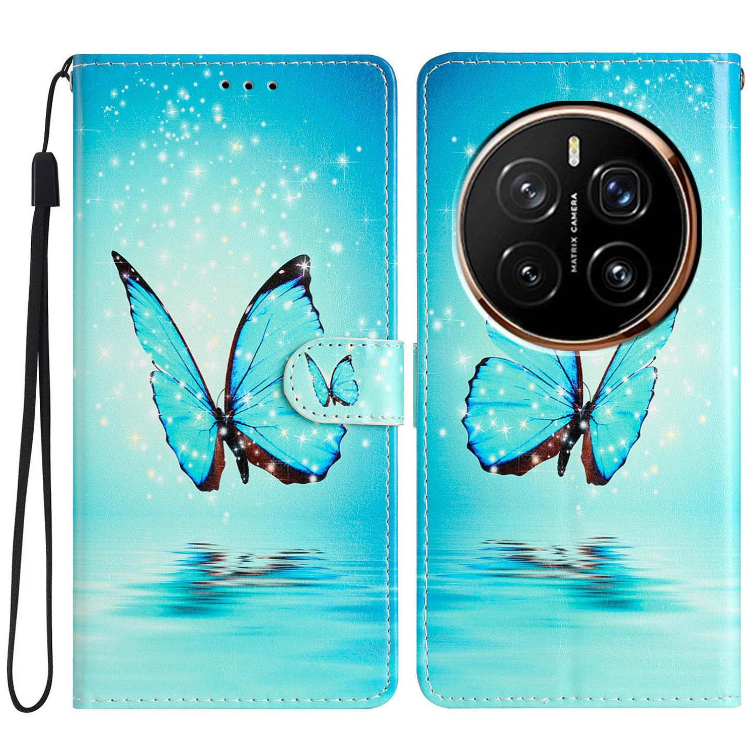 

For Honor Magic7 Pro 5G Wallet Case PU Leather Pattern Printing Stand Phone Cover with Strap Blue Butterfly