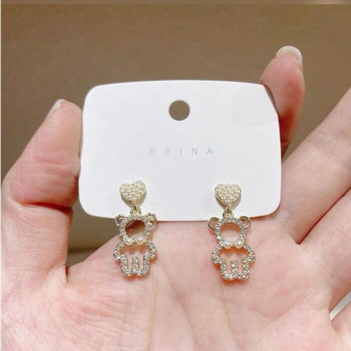 Korejské náušnice s pěticípou hvězdou a roztomilým medvídkem s diamanty, jednoduchý malý visací design pro ženy