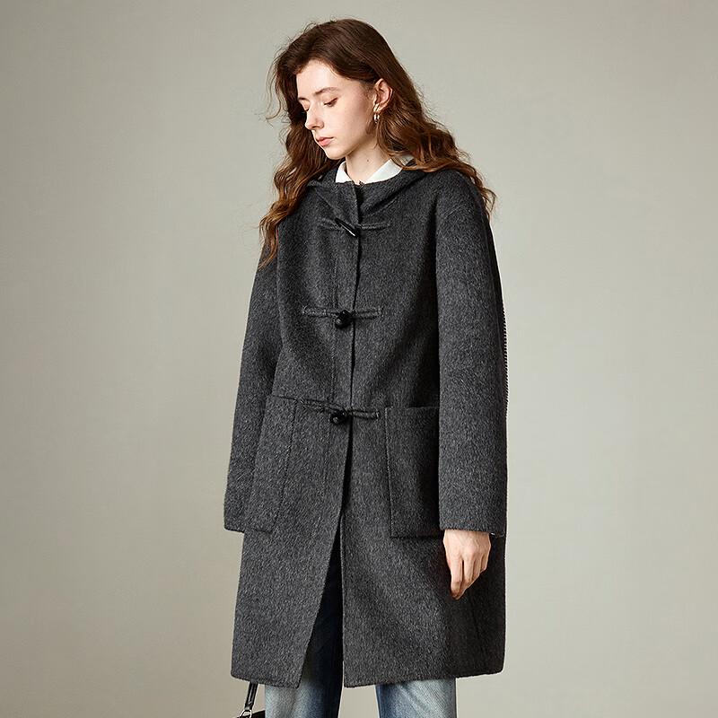 Palton retro de damă cu glugă, lungime medie, amestec de lână