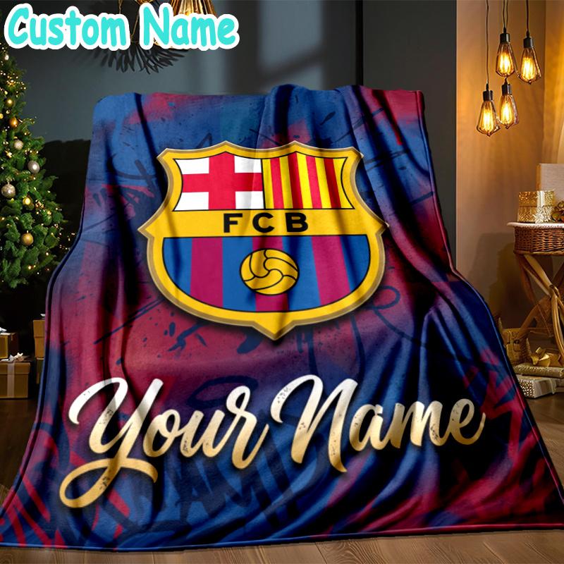 Custom Name Barcelona Football Throw Blanket - Perfect for Couch, Bed, Office, and outdoor Travel - Ideal Gift for Christmas & Holidays