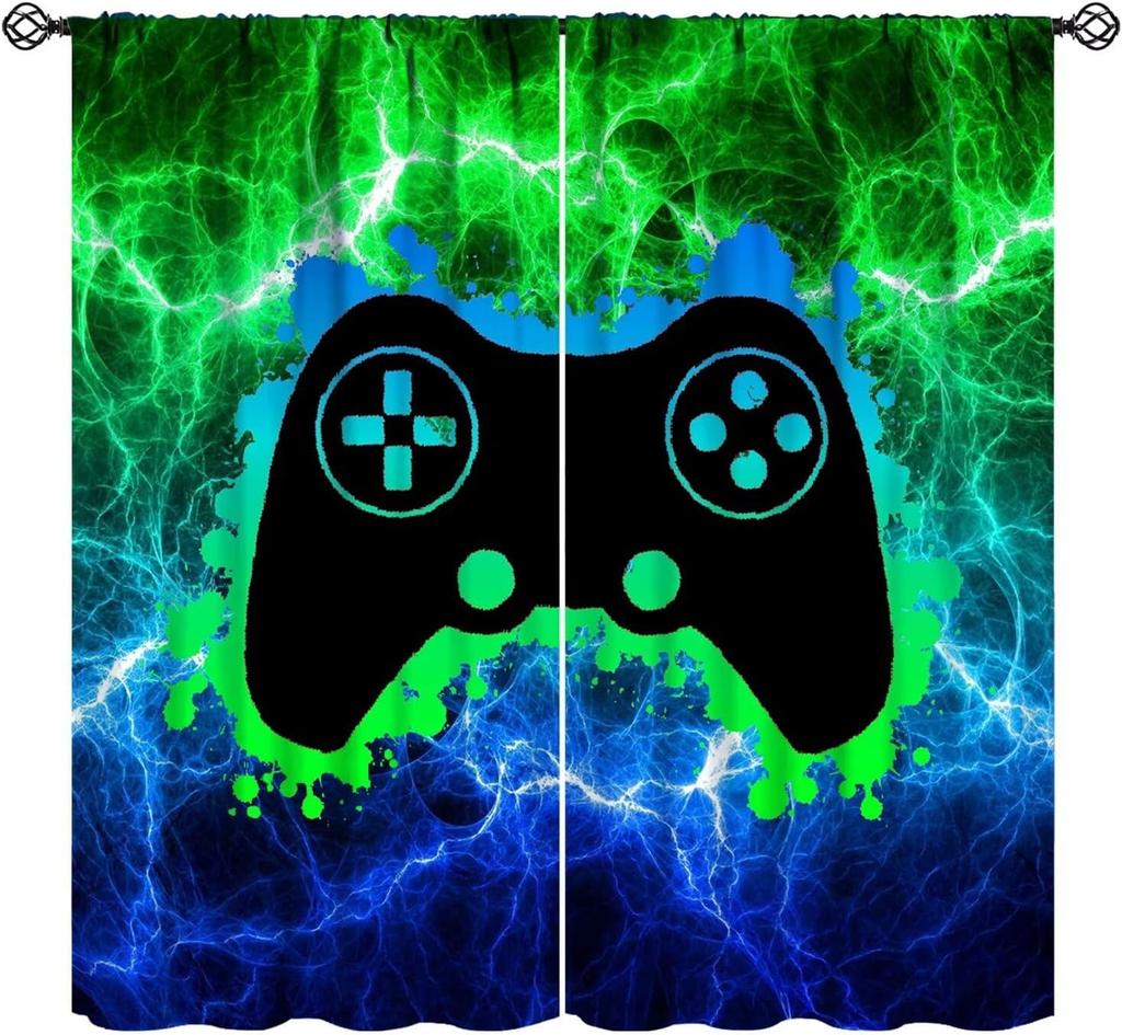 Cool Game Curtains For Boys Bedroom, Green Blue Flame Video Game Graffiti Game Controller Outer Space Stars Print Window Drapes