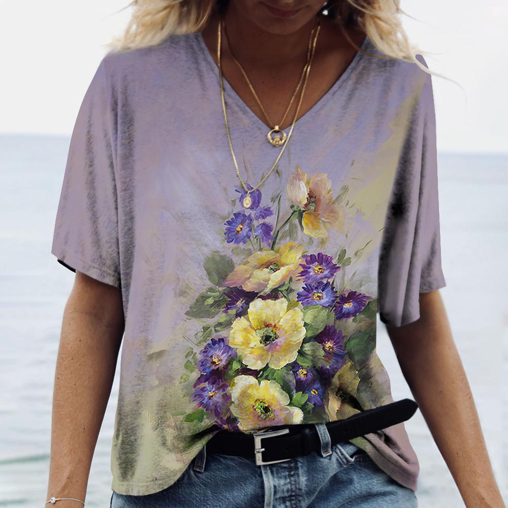 V-neck Women's Short Sleeve Summer Outdoor Casual T-shirt Tops Flower Printed Patterns Fashion