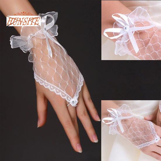 1 Pair Wedding Gloves Lace Fingerless See Through Bow-knot Thin Bride Party Gloves Female Vintage Soft Short Gloves