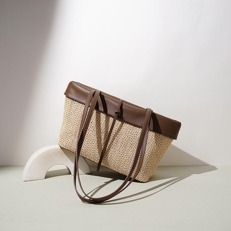 Large capacity straw woven color matching handbag bag women's casual color contrasting woven tote bag beach bag