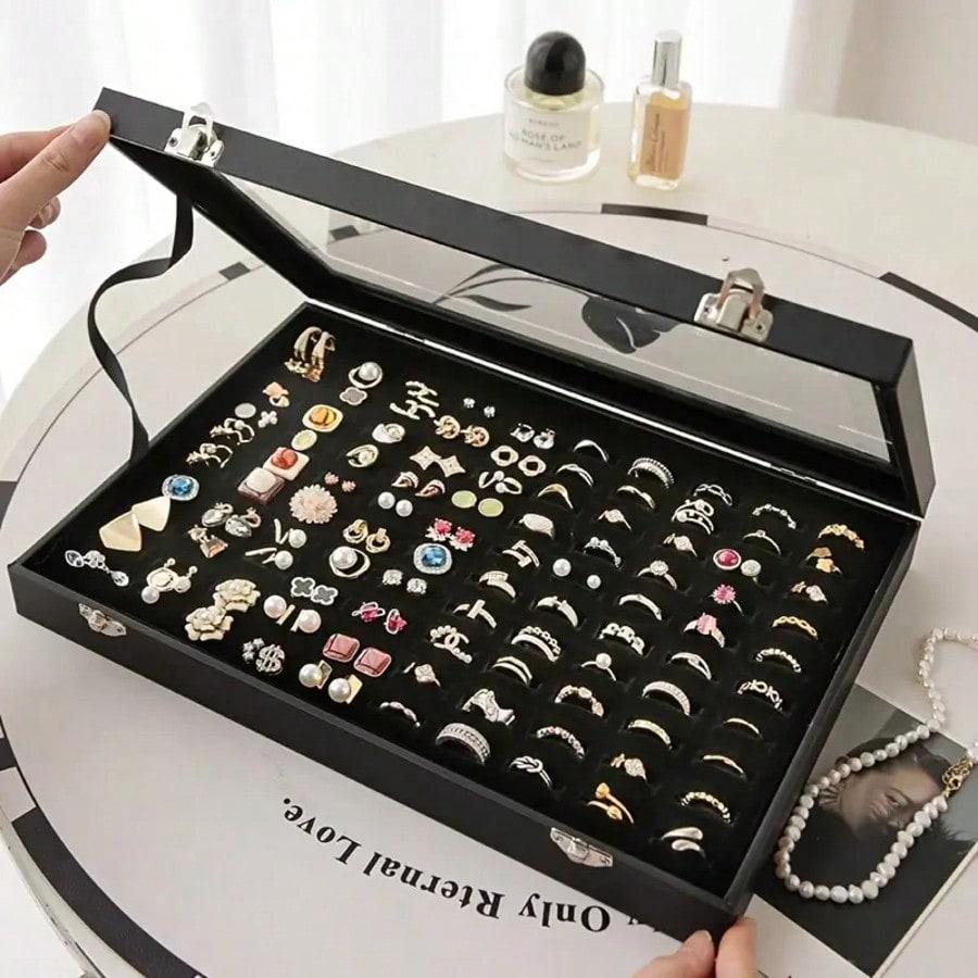Ring Organizer Box With Clear Lid - Faux Leather Jewelry Storage Display Case For Rings, Beads & Jewelry Making - Compact Tabletop Organizer For Women