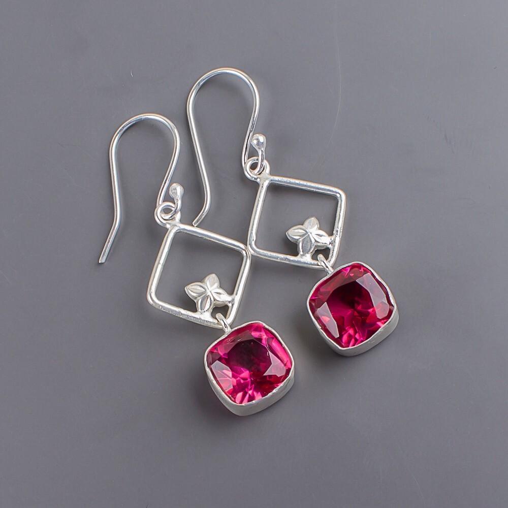 Pink Tourmaline Gemstone 925 Sterling Silver Jewelry Handmade Earrings 1.70" EE-10-18