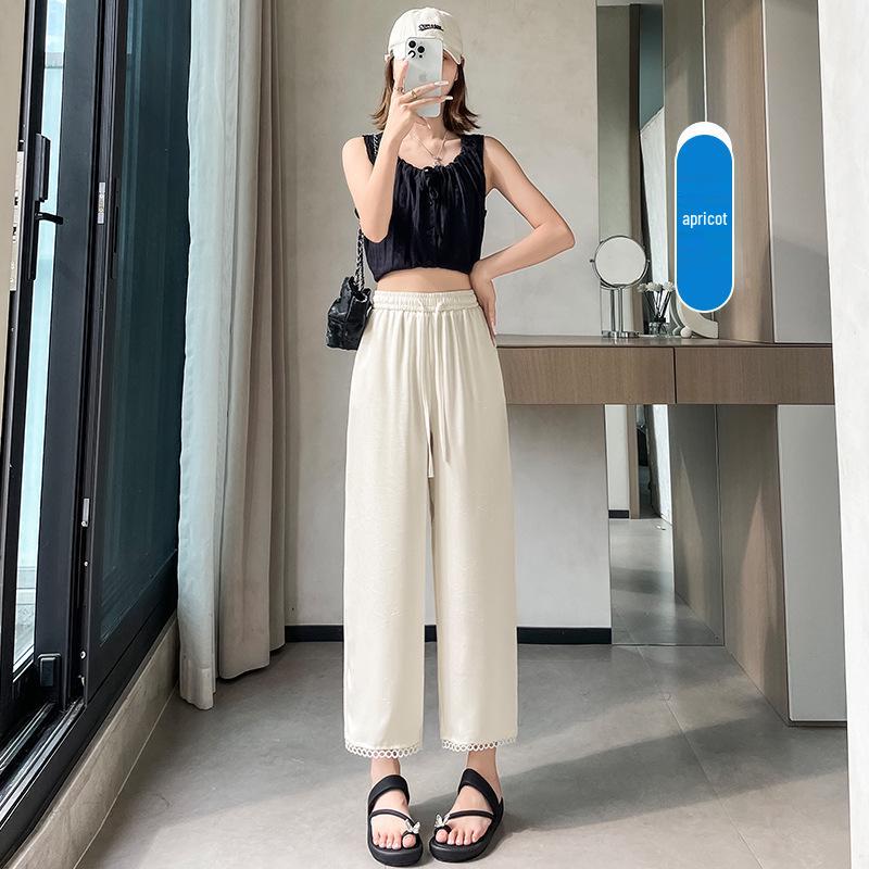 

Women s Lace Trim Satin Wide Leg Pants - Summer Straight Leg Nine-Point Style X-Large абрикосовий