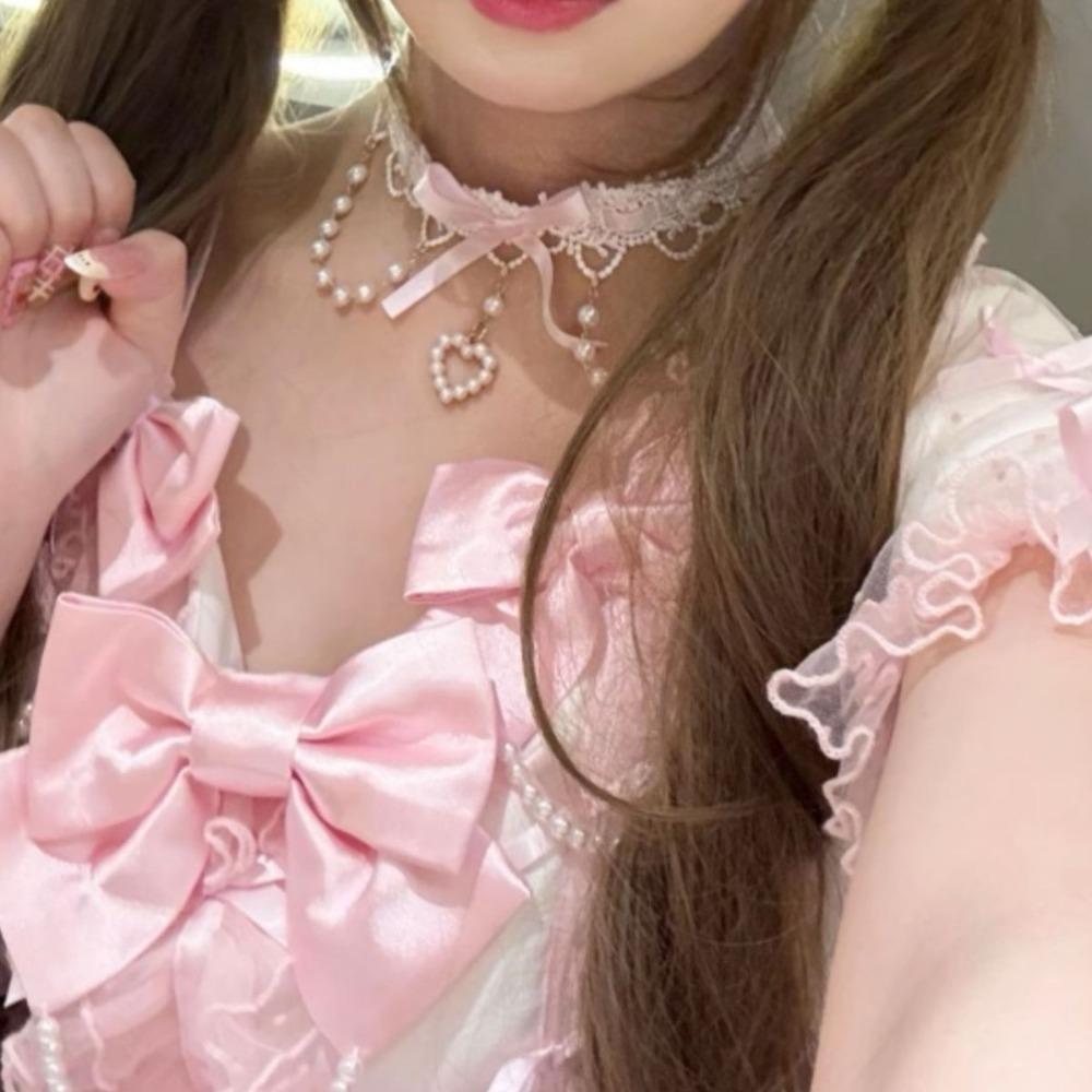 Collier ras-du-cou Lolita Rose Dentelle Nœud Perles Franges Pendentif Cœur pour Femmes Y2K Princessse Gothique Collier Cosplay Bijoux de Fête