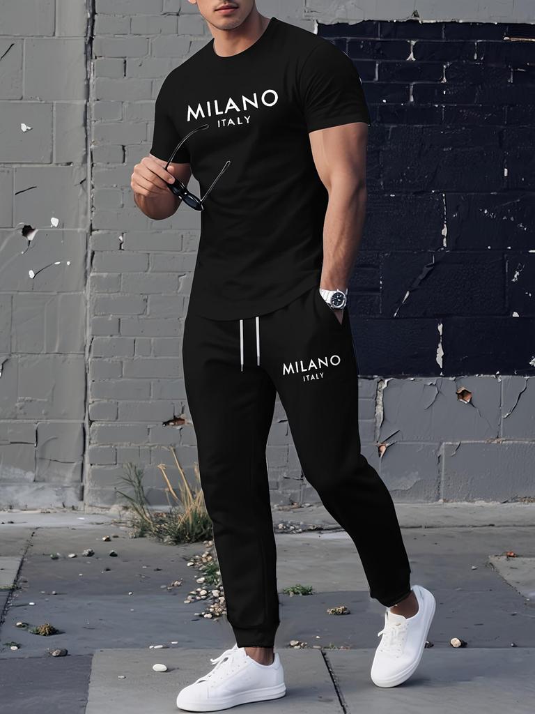 Paris Summer Men's Casual Two-Piece Set: T-shirt & Long Pants