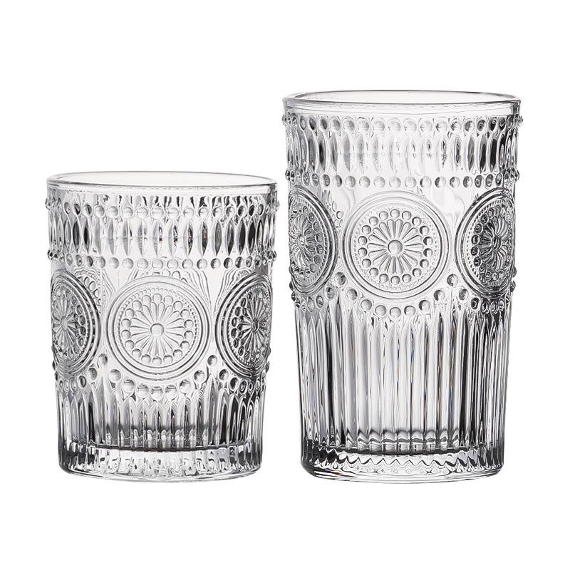 2pcs/1pcs Gold Edge Glass 300ml/350ml Beverage Cup Flower Pattern Carving Water Cups Transparent Thickened Glass Wholesale Cups