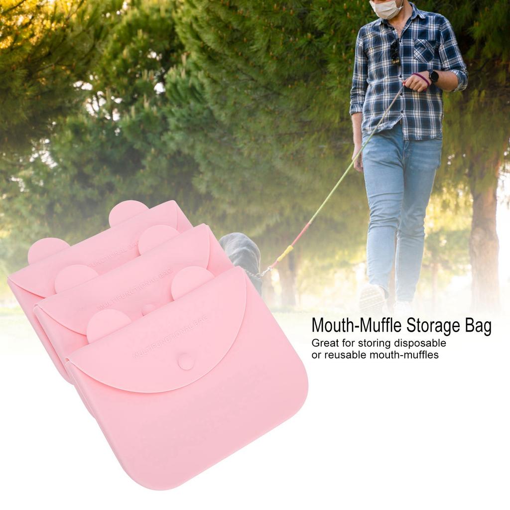 3 Pièces Sac de Rangement pour Masque Buccal Portable Anti-poussière Réutilisable Silicone Étui pour l'Extérieur(Rose )