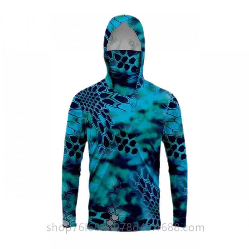 Mens Ice Silk Long Sleeve Fishing Shirt With Integrated Camo Face Cover Hood UPF50 Sun Protection Lightweight Quick Dry