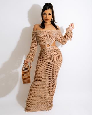 Women Sexy Hollow Knitted Dress Summer Deep V Beach Blouse Long Skirt