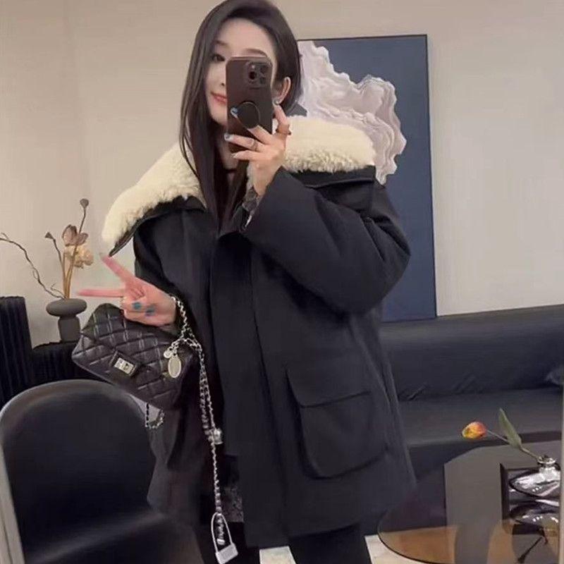 

Fleece thickened cotton-padded clothes women s winter tooling jacket loose and advanced sense casual lamb plush pie overcome cotton-padded jacket XL recommends 150-87.5 kg чёрный