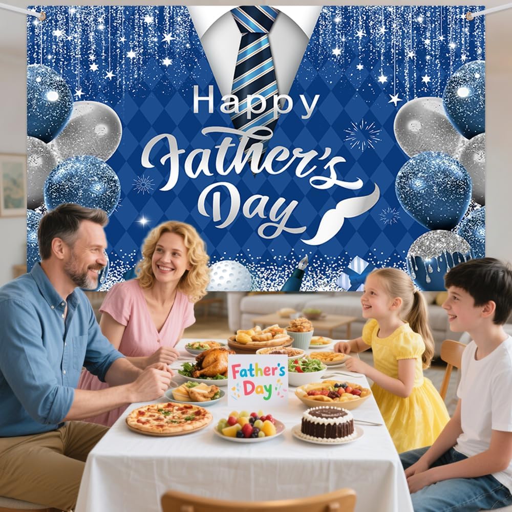7x5ft Happy Father's Day Backdrop for Photography Blue Silver Glitter I Love You Dad Background Father's Day Tie Balloon Party Decorations Banner