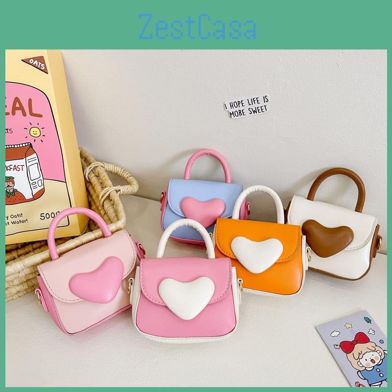 Color Heart Blocking Shaped Buckle Leather Children Shoulder Bag For Daily Use