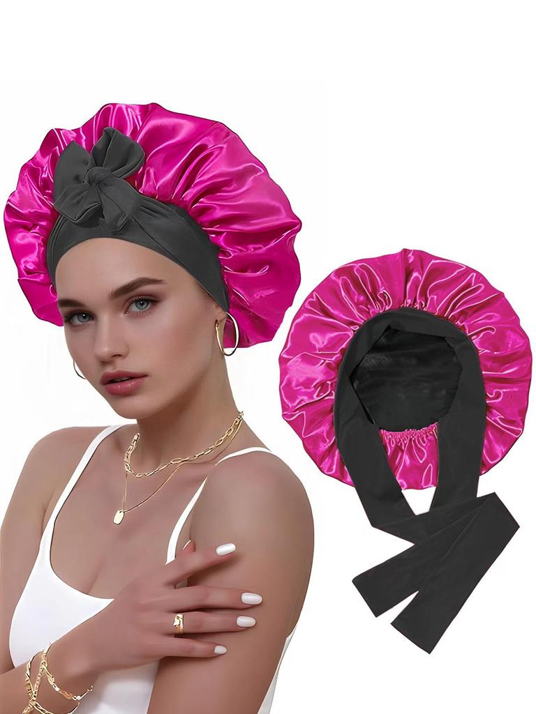 Women's Double-Layer Elastic Satin Sleep Cap - Wide Brim Hair Protection with Bow Ribbon