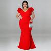 MY961 Plus Size Womens Dress V-Neck Sleeveless Mermaid Fit Knit Gown With Ruffle Cap Sleeves Black Red Blue