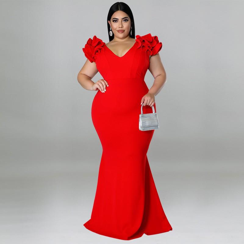 MY961 Plus Size Womens Dress V-Neck Sleeveless Mermaid Fit Knit Gown With Ruffle Cap Sleeves Black Red Blue