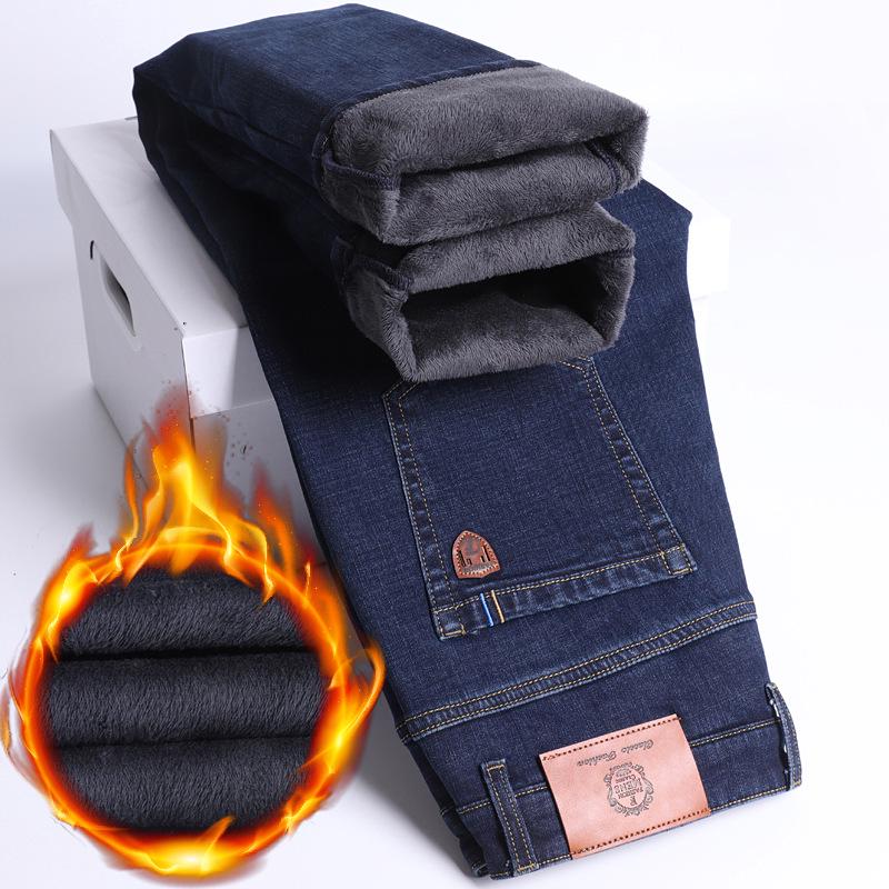 Men's Thick Velvet-Lined Stretch Denim Jeans, Loose Fit, Straight Leg, 2023 New Style, Autumn/Winter Warmth.