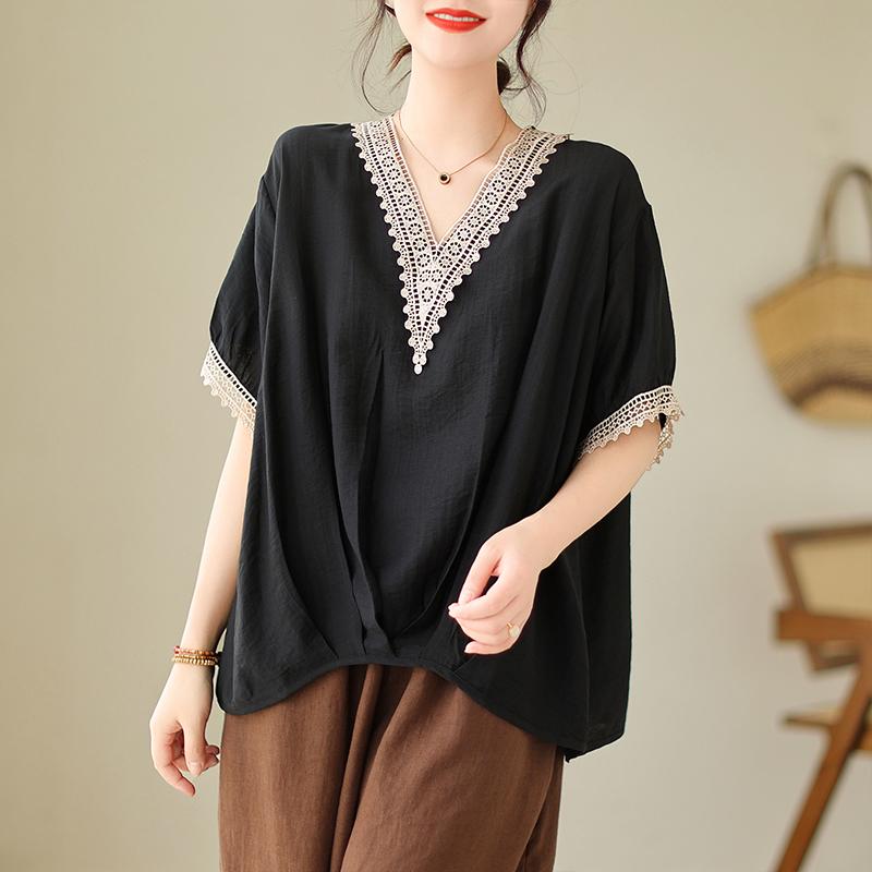 DIMANAF 2025 Summer Plus Size Oversized T-Shirt Women Loose Tops Tees Casual V-Neck New Shirt