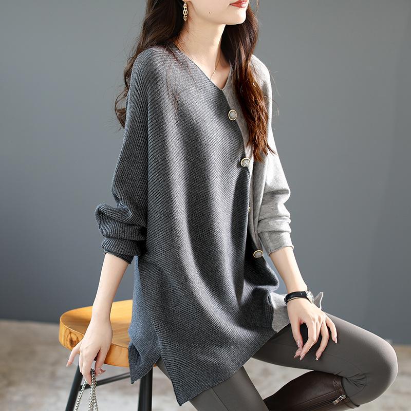 Pulover de primăvară cu mâneci liliac în culori contrastante pentru femei, pulover nou, top larg cu mâneci lungi de primăvară și toamnă