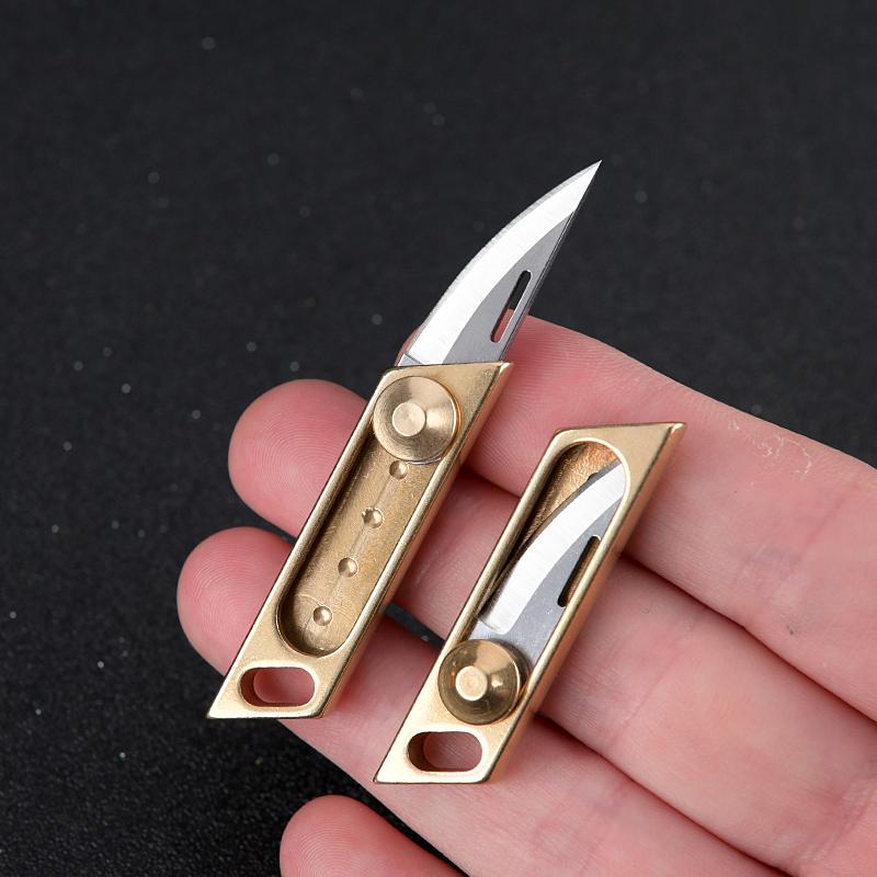 Portable Mini Push Knives Brass Pocket Knife for Men Keychain Unpacking Cutter Outdoor Survival Oblique Multitool EDC Tools