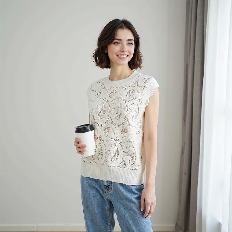 Crew neck hollow knitted vest women's top autumn new inner and outer tower wool sweater