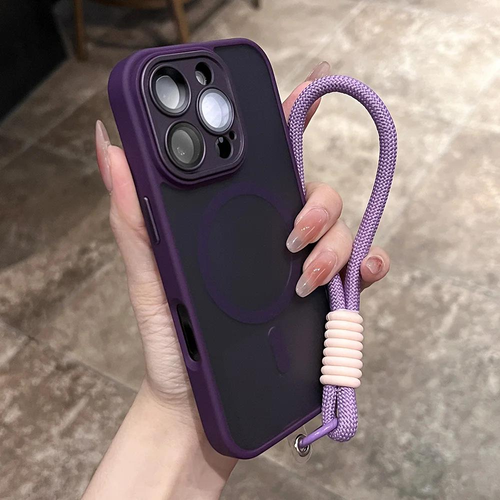 Clear Matte Magnetic Case For For Iphone 16 14 13 Mini 1 12 11 17Pro Max Plus Lanyard Wrist Strap Shockproof Bumper Cover