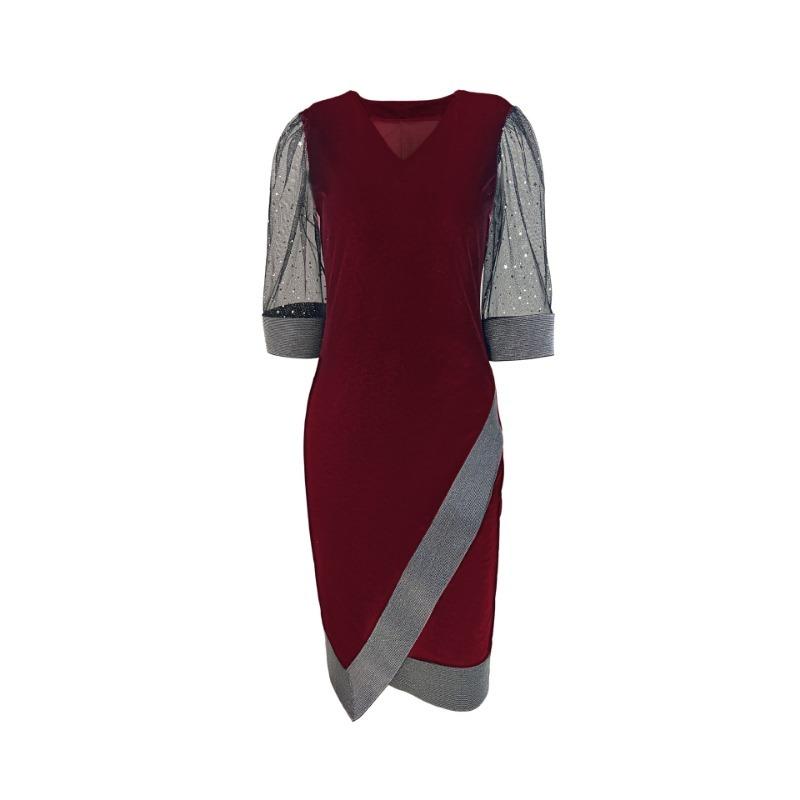 Women's New Temperament Commuter Slim Mesh Splicing Short-sleeved V-neck Dresses
