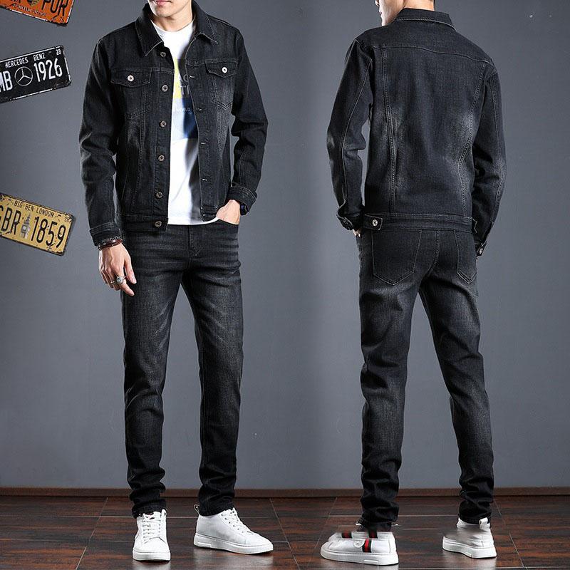 Herren Einfacher Slim Fit Stretch Denim Anzug, Langarmjacke und Hose, Business Casual Jeanssets, Frühling Alltagskleidung, 2-teilig