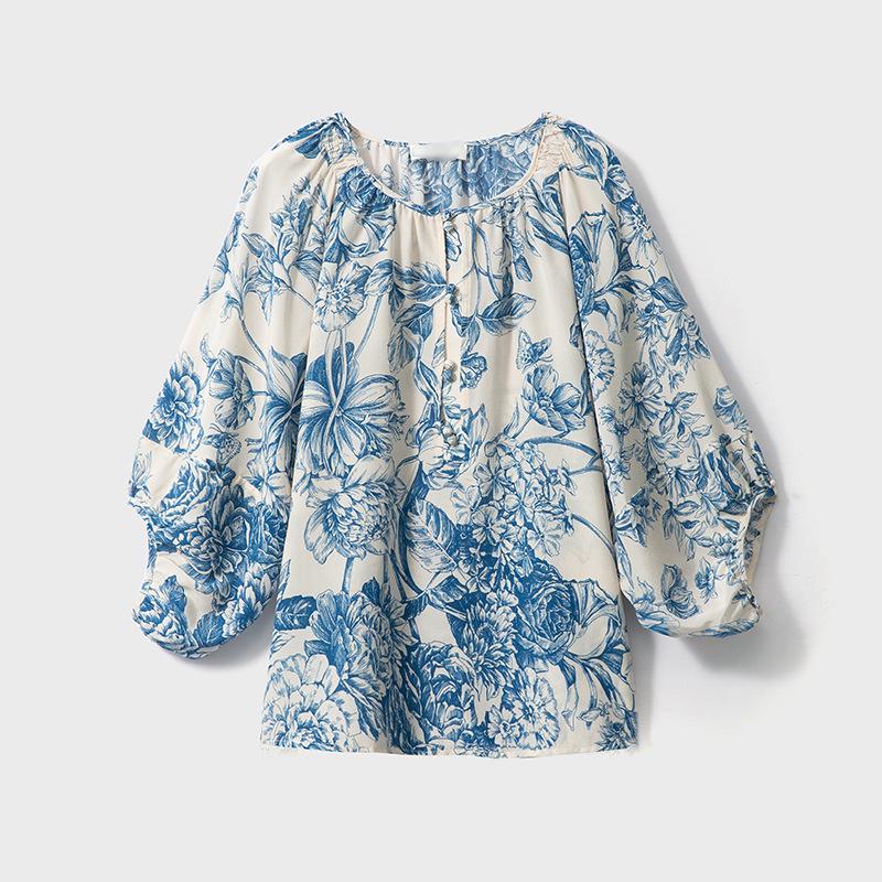 

Elegant Ink Wash Print Mulberry Silk Lantern Sleeve Top Extra Large квітковий/синій