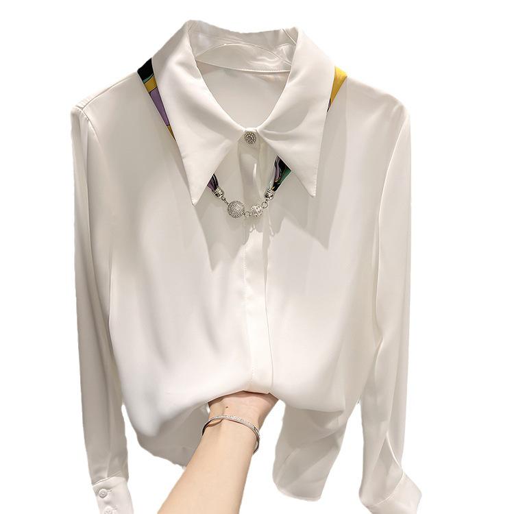 Korean Style Slim Fit Chiffon Shirt with Gift Scarf - Women's Spring Long Sleeve Top