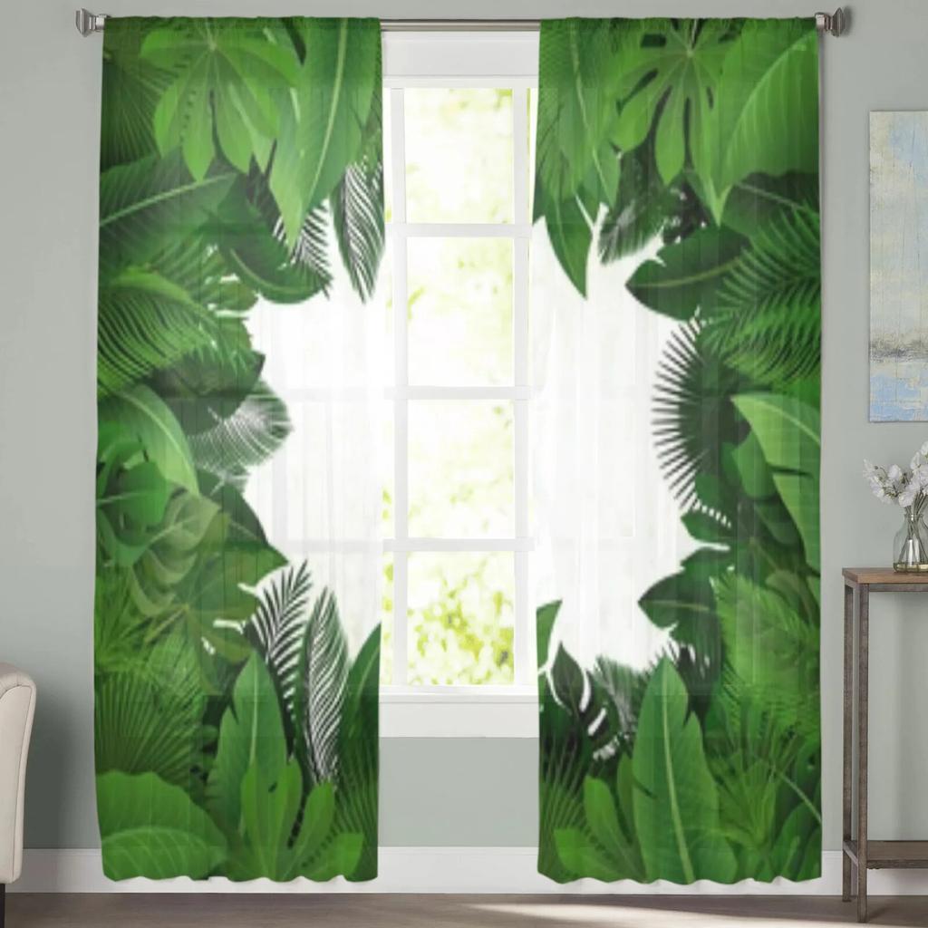 Tropical Leaves Sheer Curtains For Living Room Window Transparent Voile Tulle Curtain Bedroom Drapes Home Decor