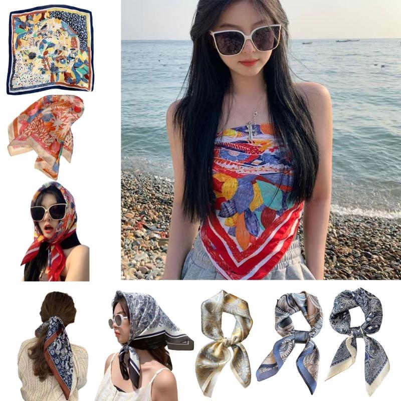 70cm Eleganter Kopftuch Quadratisches Bandana Schal Kopftuch für Damen mit Blumenmustern für verschiedene Anlässe Fotografie
