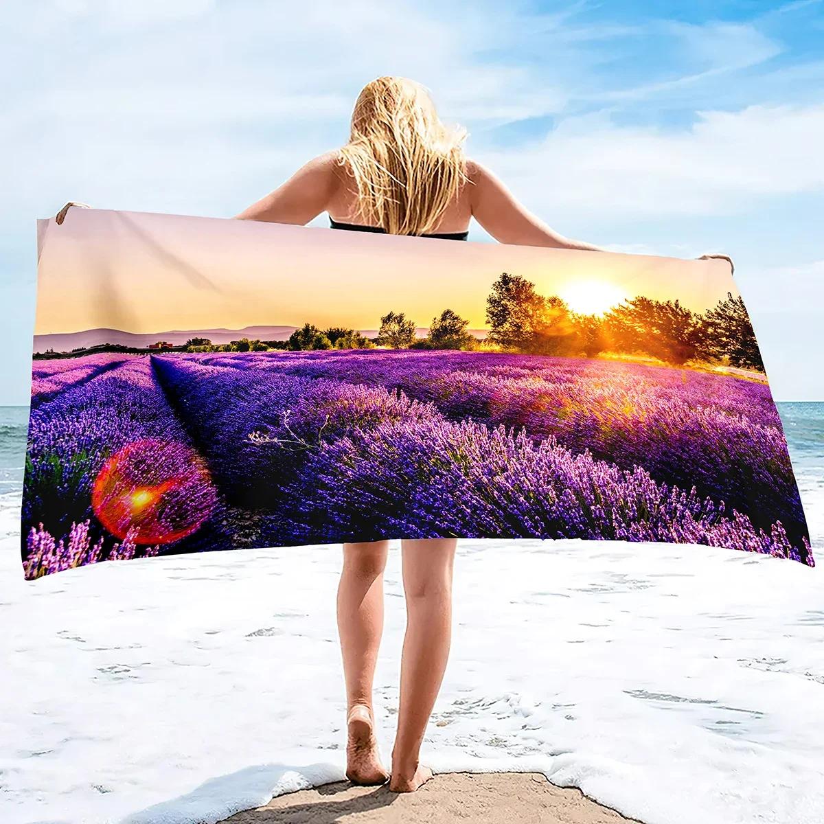 

Lavender Beach Towel Purple Flower Bath Towel Bathroom Sport Bar Towel for Adult Kids Microfiber Shower Quick Dry Swimming Cover W30*H60(CM)