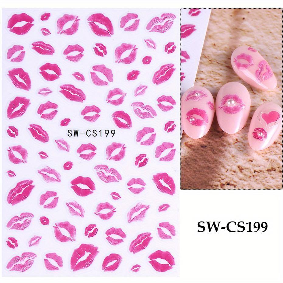 3D Sexy Lips Stickers Leopard Print Love Heart Letter Pink Rose Red Lips Valentines Manicure DIY Romantic Nail Decoration