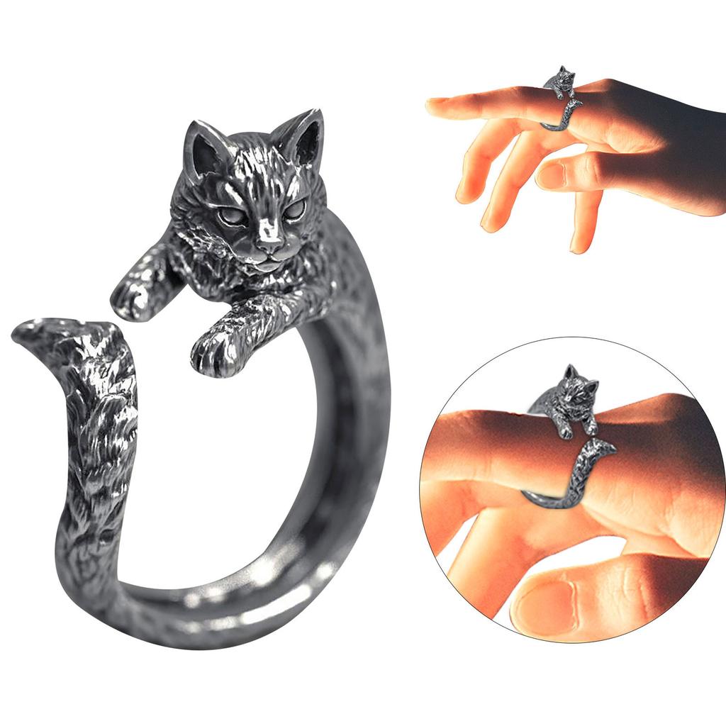 Vintage Thai Cat Ring Pet Live Mouth Ring Adjustable Ring Female