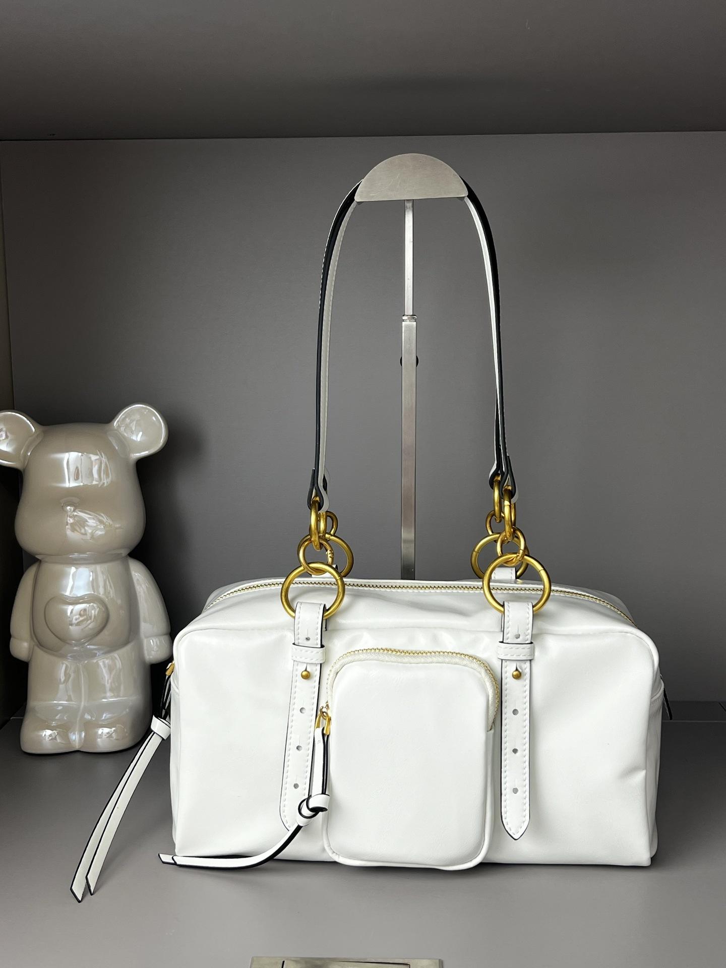 

Сумка для мотоцикла из масляно-вощеной кожи, сумка для боулинга на одно плечо, сумка на подмышку, женская модная и универсальная, большой емкости 30x13.5x14cm белый