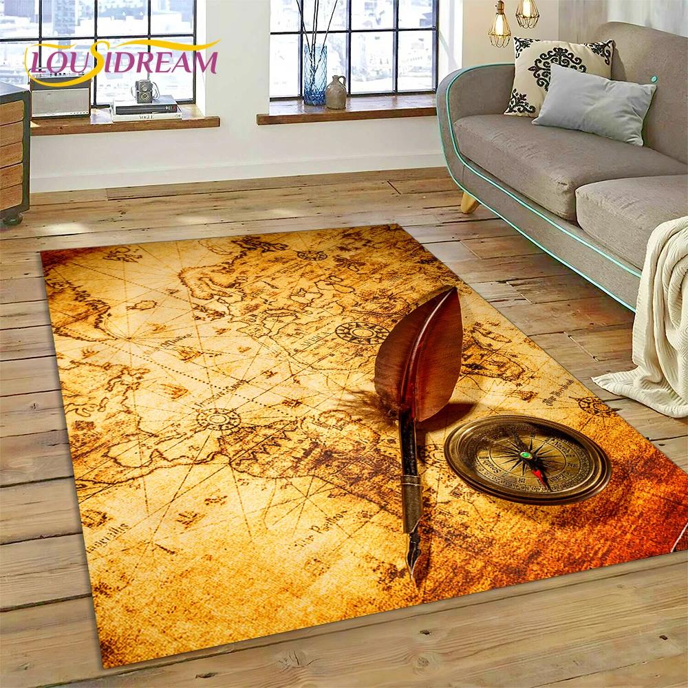 3D Starověká námořní mapa Mapa světa Kompas Koberec Kobereček do ložnice Obývacího pokoje Dekorace pohovky, Dětská hra Velká dekorační podložka na podlahu