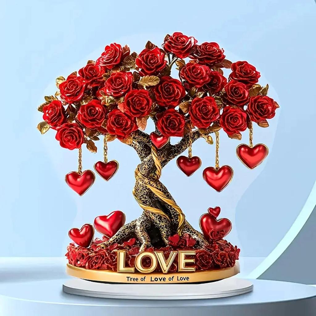 Valentine's Day Rose Tree With Heart Table Decoration,2D Flat Acrylic Ornament For Desktop Mantel Kitchen Decor Holiday Winter Party Gifts