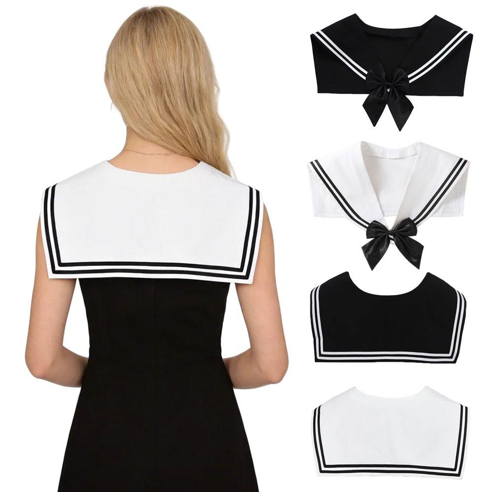 Striped Sailor Fake Collars Scarf Detachable Academy Style Sailor Suit Bow Tie Black White Cotton Shawl Wraps