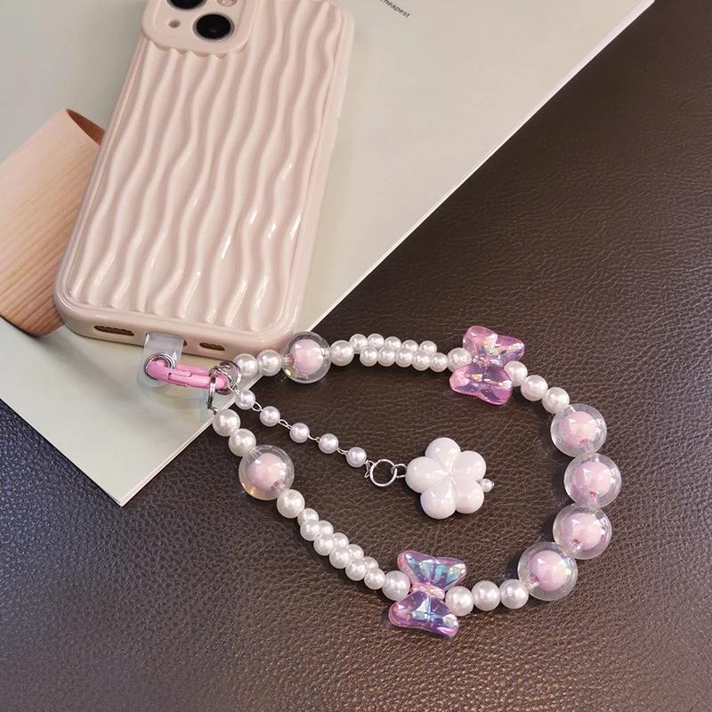 Mobile Phone Lanyard Short Style Wrist Pendant Pearl Chain Bow Flower Pendant Decoration Universal Phone Case Anti Loss Lanyard